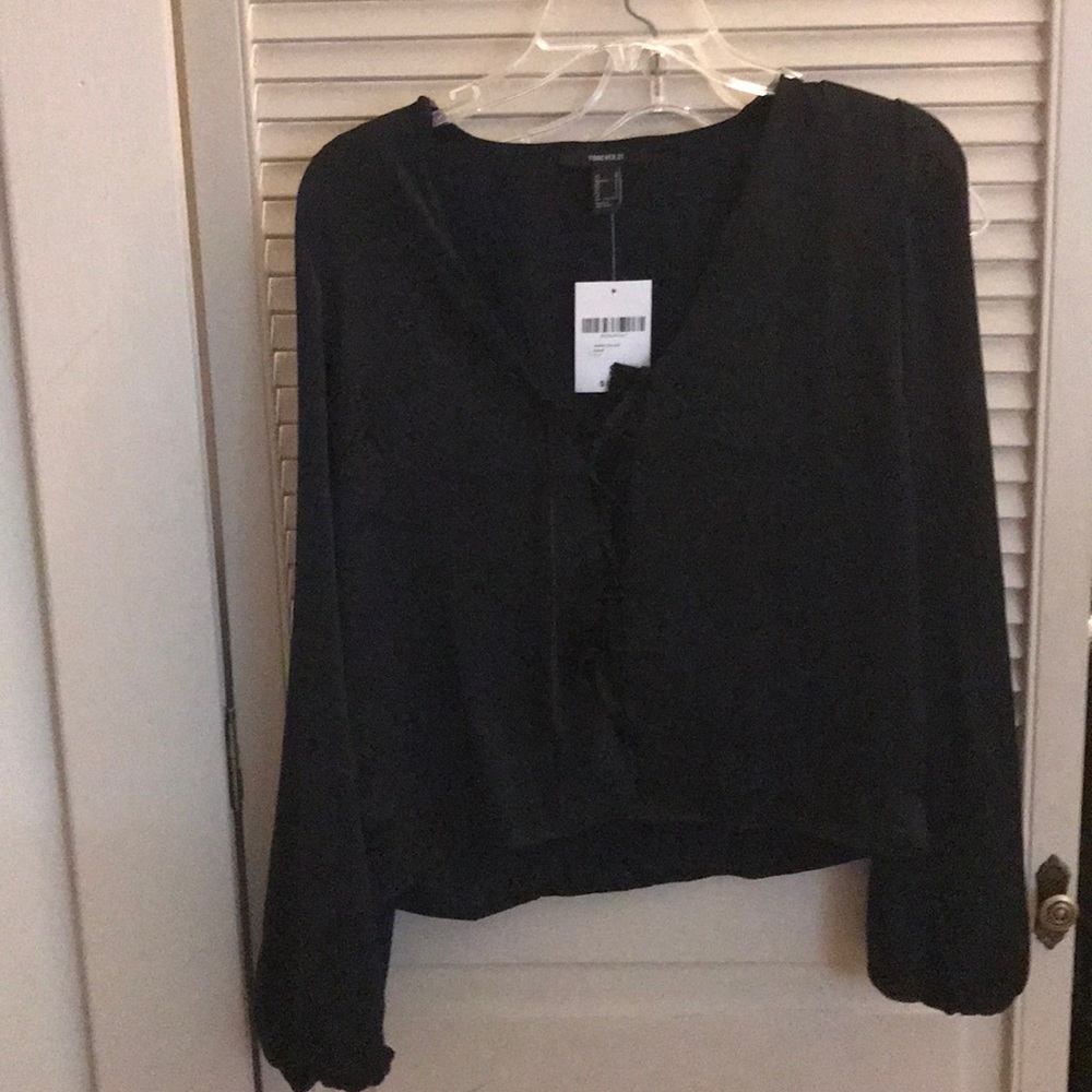 Forever 21 Black Silky Lace Up Blouse